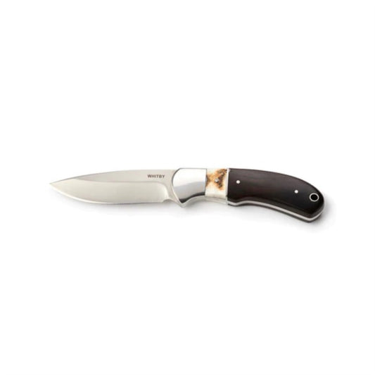 Crafted with a handle combining staghorn and ebony wood, this knife features a sharp stainless steel blade measuring 8.9cm (3.5"). When closed, it spans 19.1cm (7.5") and weighs 153g, offering a balanced and durable tool. It comes with a convenient lanyard hole and a protective leather sheath, making it perfect for both everyday use and outdoor adventures. www.defenceqstore.com.au