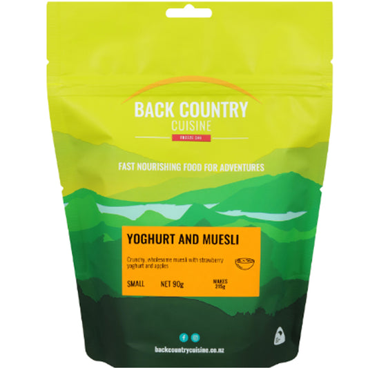 Indulge in the delicious combination of crunchy, wholesome muesli and creamy strawberry yoghurt with pieces of juicy apple in Back Country Cuisine's Freeze Dried Meal Yoghurt & Muesli. This 90g small package packs a punch of flavour and nutrition for your outdoor adventures. www.defenceqstore.com.au