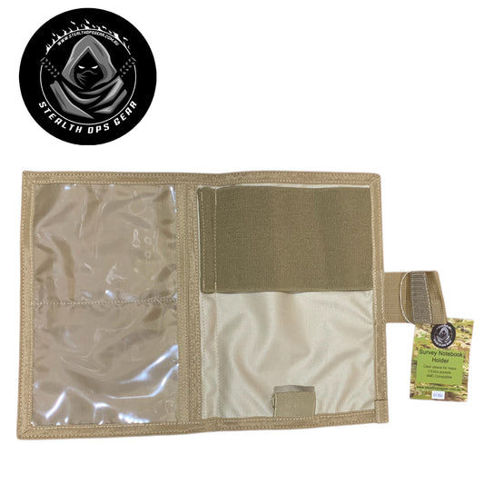 The perfect companion for your Field Survey Notebook is here - the AMCU Survey Notebook Stealth Ops Gear! This notebook cover not only protects your notebook with its elastic loop, but it also has a clear plastic window for maps and additional sleeves for any important papers or objects. Plus, keep your writing utensil within reach with the pen/pencil elastic loop. Upgrade your surveying game with this must-have gear! www.defenceqstore.com.au open notebook cover amcu