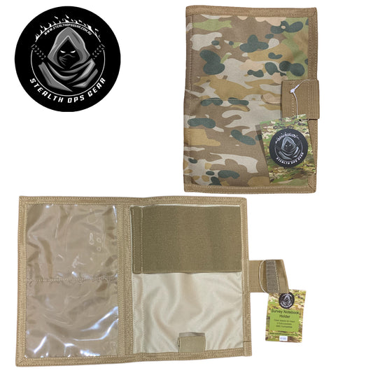 The perfect companion for your Field Survey Notebook is here - the AMCU Survey Notebook Stealth Ops Gear! This notebook cover not only protects your notebook with its elastic loop, but it also has a clear plastic window for maps and additional sleeves for any important papers or objects. Plus, keep your writing utensil within reach with the pen/pencil elastic loop. Upgrade your surveying game with this must-have gear! www.defenceqstore.com.au
front cover and open notebook cover