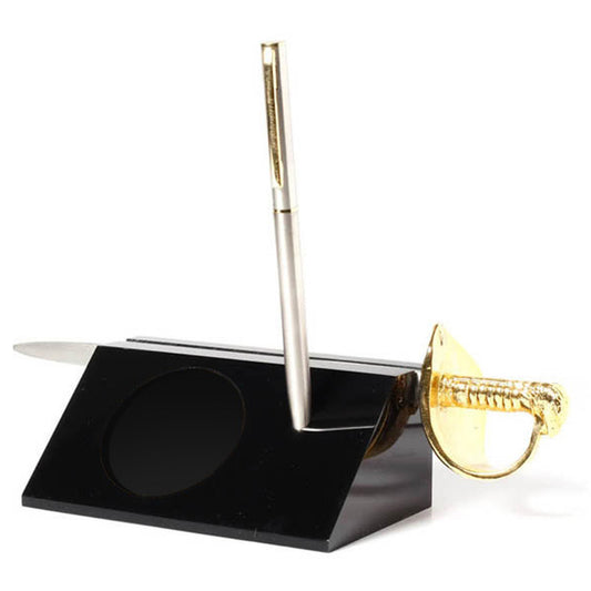 Present your medallion in this stylish desk set, comes with antique silver and gold Air Force sword letter opener presented in a black acrylic desk stand with a stylish metal pen. Packaged in a silver and black presentation box with clear acetate lid.