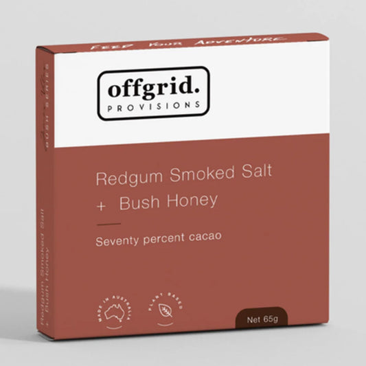 A collaboration with renowned Australian Saltmakers Olsson’s salt and Offgrid Provisions, this salt is harvested in Wyalla, South Australia and smoked over Red gum, then we gently add the salt to the bush honey and the chocolate. www.defenceqstore.com.au