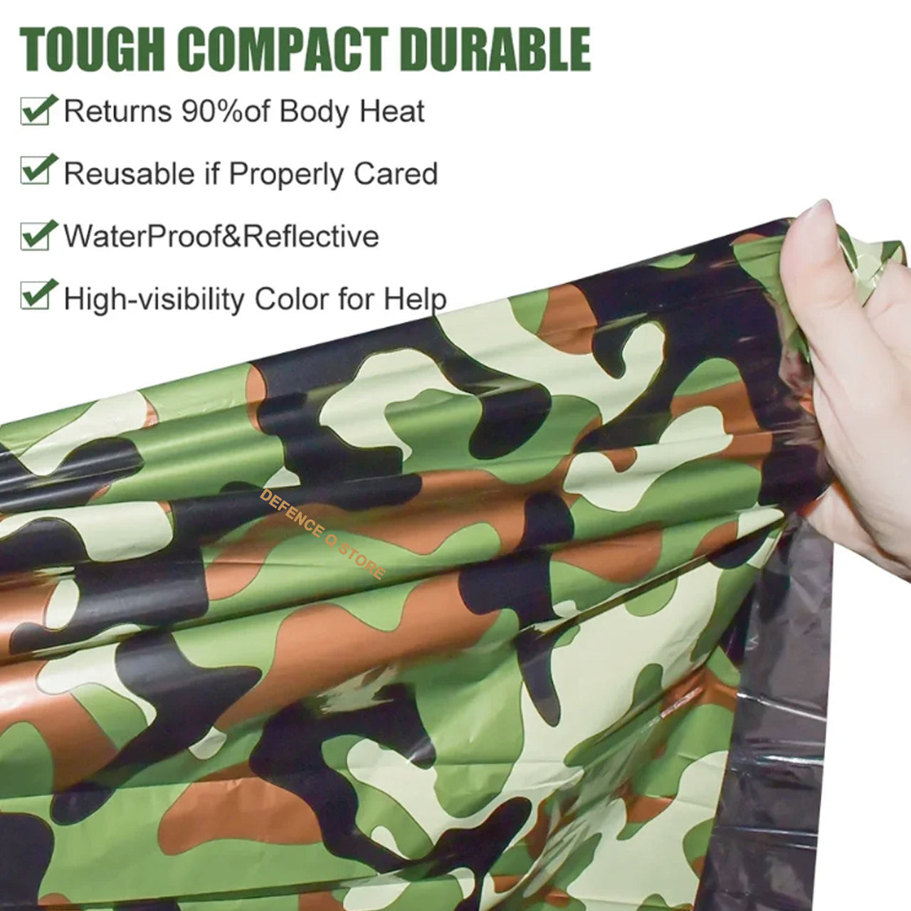 The Bivvy Emergency Sleeping Bag is a must-have for any outdoor adventure. It offers reliable protection from wet weather, keeping you warm and dry no matter the conditions. Plus, its functional design allows it to double as a temporary shelter for added safety and security. Add it to your emergency kit for a versatile and essential piece of gear. Measures 200x120cm. www.defenceqstore.com.au