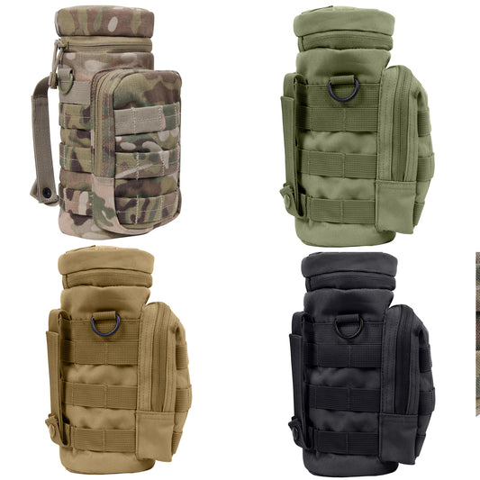 Durable Denier Polyester Material 10.5" Tall X 4" Diameter 6.5" X 4" Front Zippered Pouch W/ MOLLE Loops On Front Zipper Closure Flip Top And Two MOLLE Straps On Back D-Ring On Each Side Straw Hole On Top W/ Hook And Loop Closure Features A Drain Hole 4" X 1" Loop On Top And MOLLE Loop Around Entire Pouch www.defenceqstore.com.au