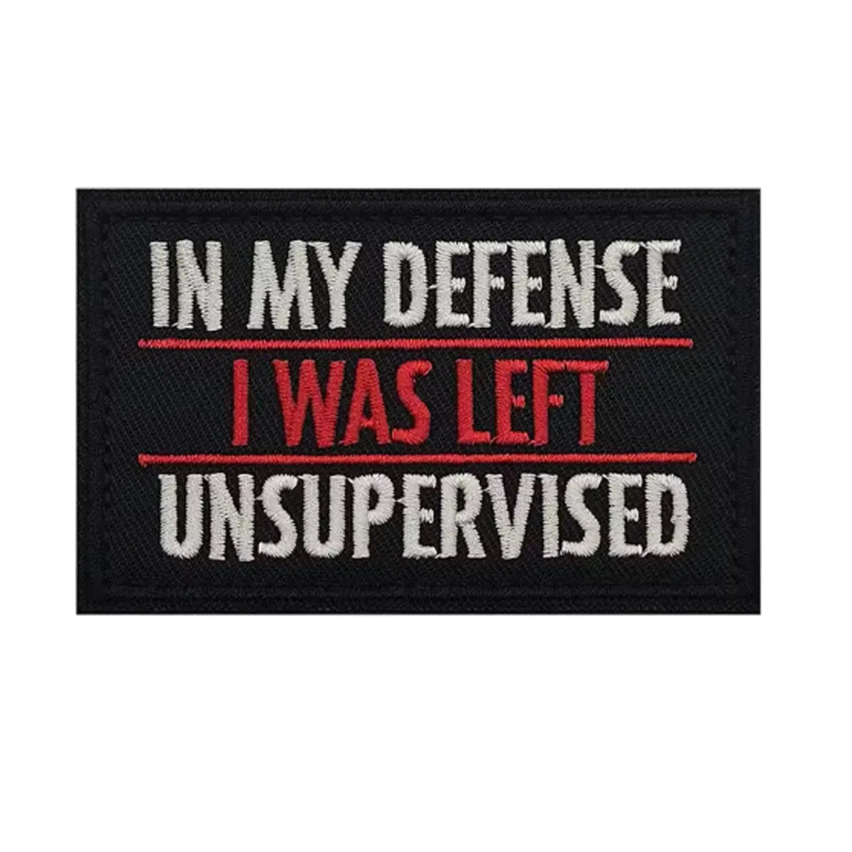 Unleash your rebellious spirit with the In My Defense I Was Left Unsupervised Morale Patch in red and white text! Featuring an embroidered design and hook & loop backing, this 8x5cm patch is the perfect addition to your collection. Show off your unapologetic confidence and unique sense of humour with this high-quality product. www.defenceqstore.com.au