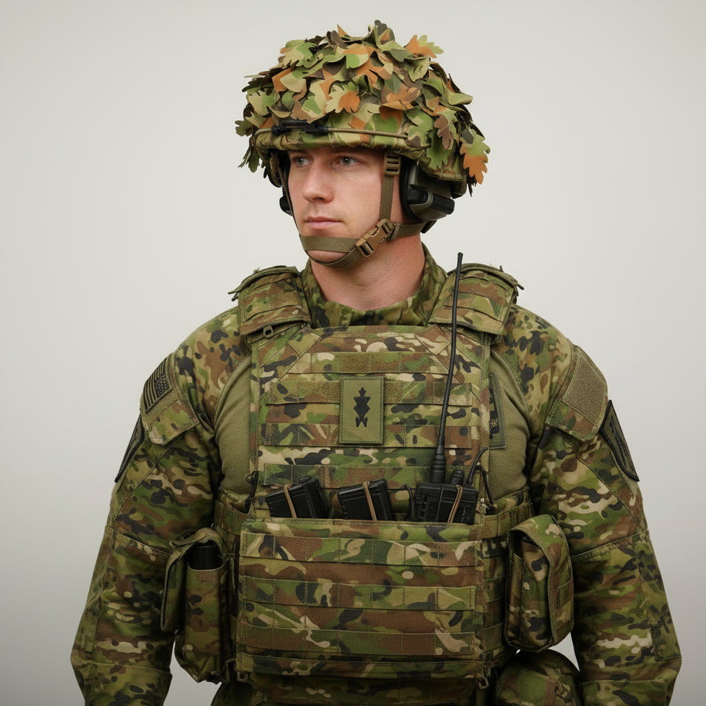 Auscam Tactical Camouflage Helmet Cover — engineered to shatter your helmet's silhouette and keep you concealed in the field. This premium netting disrupts the distinctive outline that gives away your position, delivering genuine tactical advantage when it matters most. www.defenceqstore.com.au