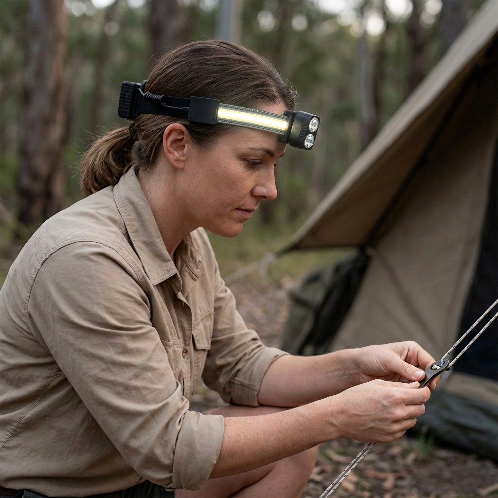 AI-generated illustrative scene of head torch worn while adjusting a tent guyline