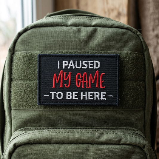 I Paused My Game To Be Here patch backpack mock-up