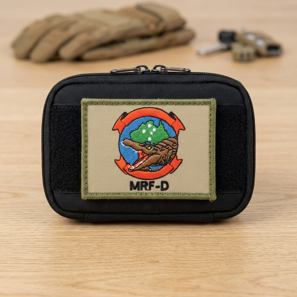 AI-generated illustration of MRF-D embroidered patch on a black gear organiser