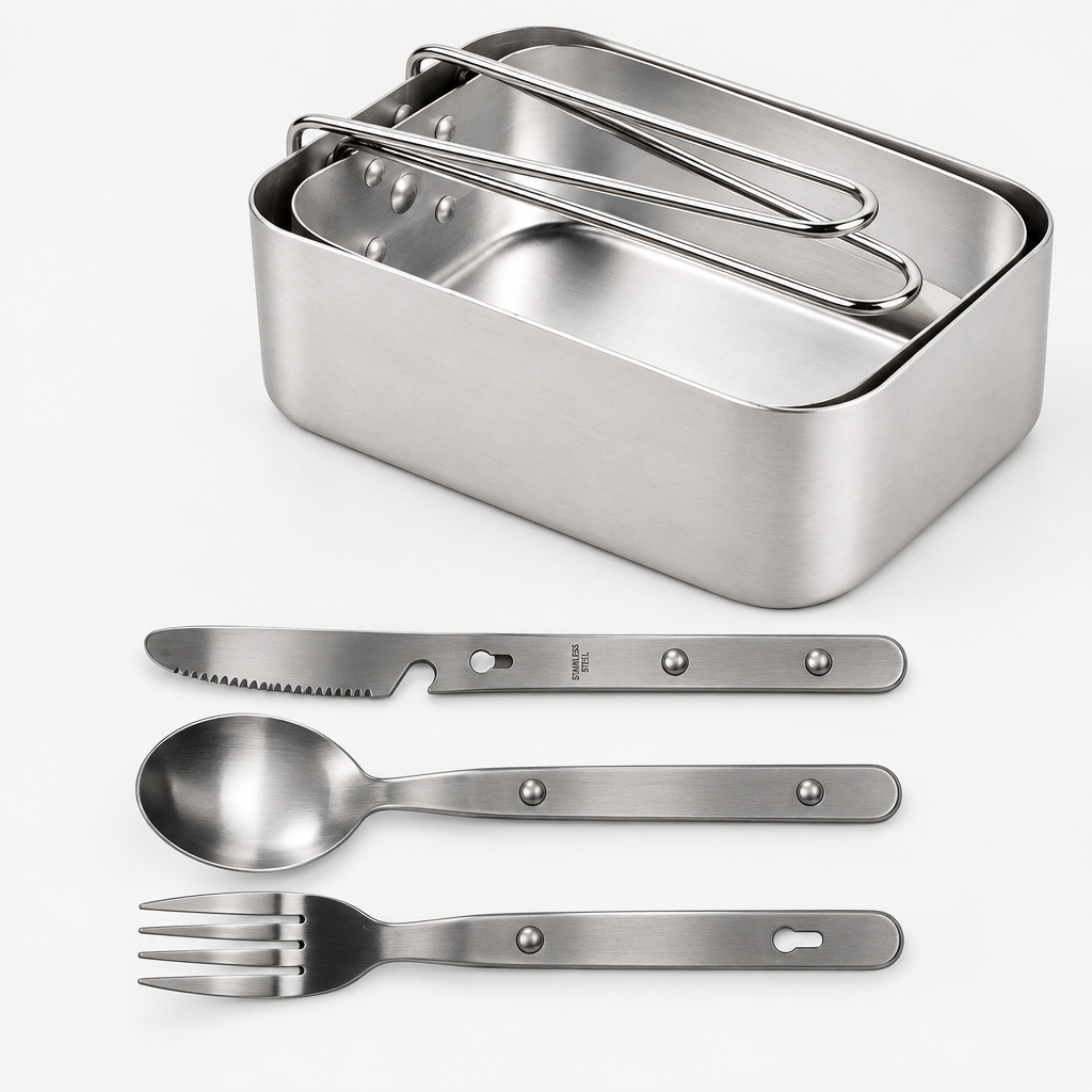 Stainless steel KFS knife, fork and spoon set shown separated and connected for storage