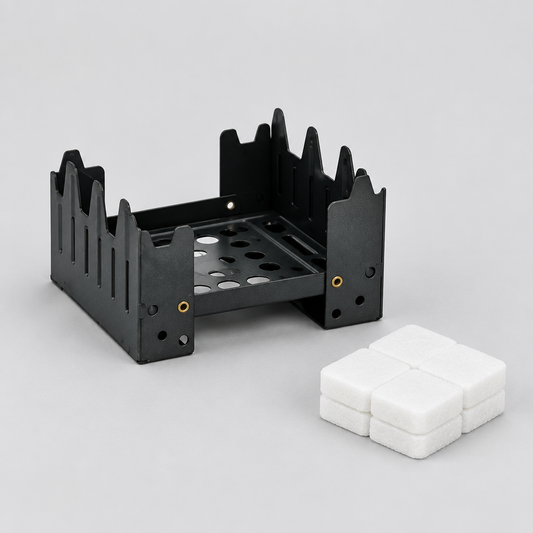Folding pocket hexamine stove standing upright beside a pack of fuel tablets