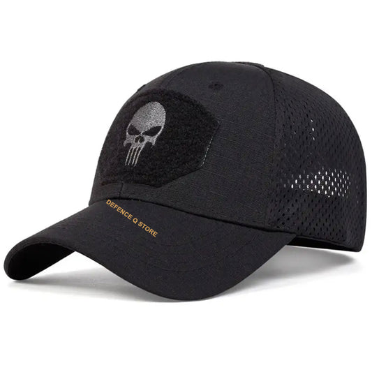Experience the ultimate in style and comfort with our Military Punisher Cap in sleek black. One size fits all with adjustable velcro straps, and the lightweight fabric ensures all-day wearability. www.defenceqstore.com.au