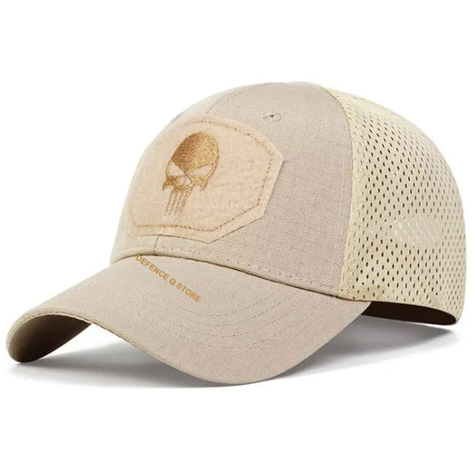 Experience the ultimate in style and comfort with our Military Punisher Cap in sleek tan. One size fits all with adjustable velcro straps, and the lightweight fabric ensures all-day wearability. www.defenceqstore.com.au