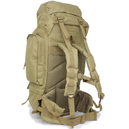 Large backpack with many pockets and lots of support, entails a built-in raincoat for the bag, waist support band with pockets and padding, completely adjustable bag with extra padding to protect back. Many pockets zip shut with buckle clips to secure everything. This bag will fit anything needed for your bushwalks, hunting, camping etc. military inspired multi-purpose backpack. www.defenceqstore.com.au