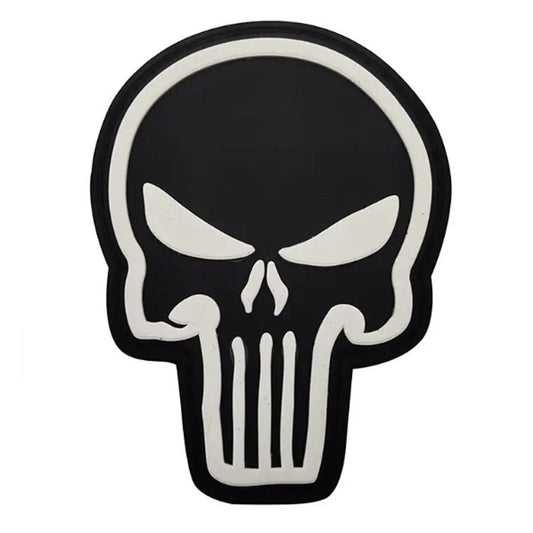 Punisher Skull Black & White PVC Morale Patch, Velcro backed Badge. Great for attaching to your field gear, jackets, shirts, pants, jeans, hats or even create your own patch board.  Size: 8x6cm www.defenceqstore.com.au