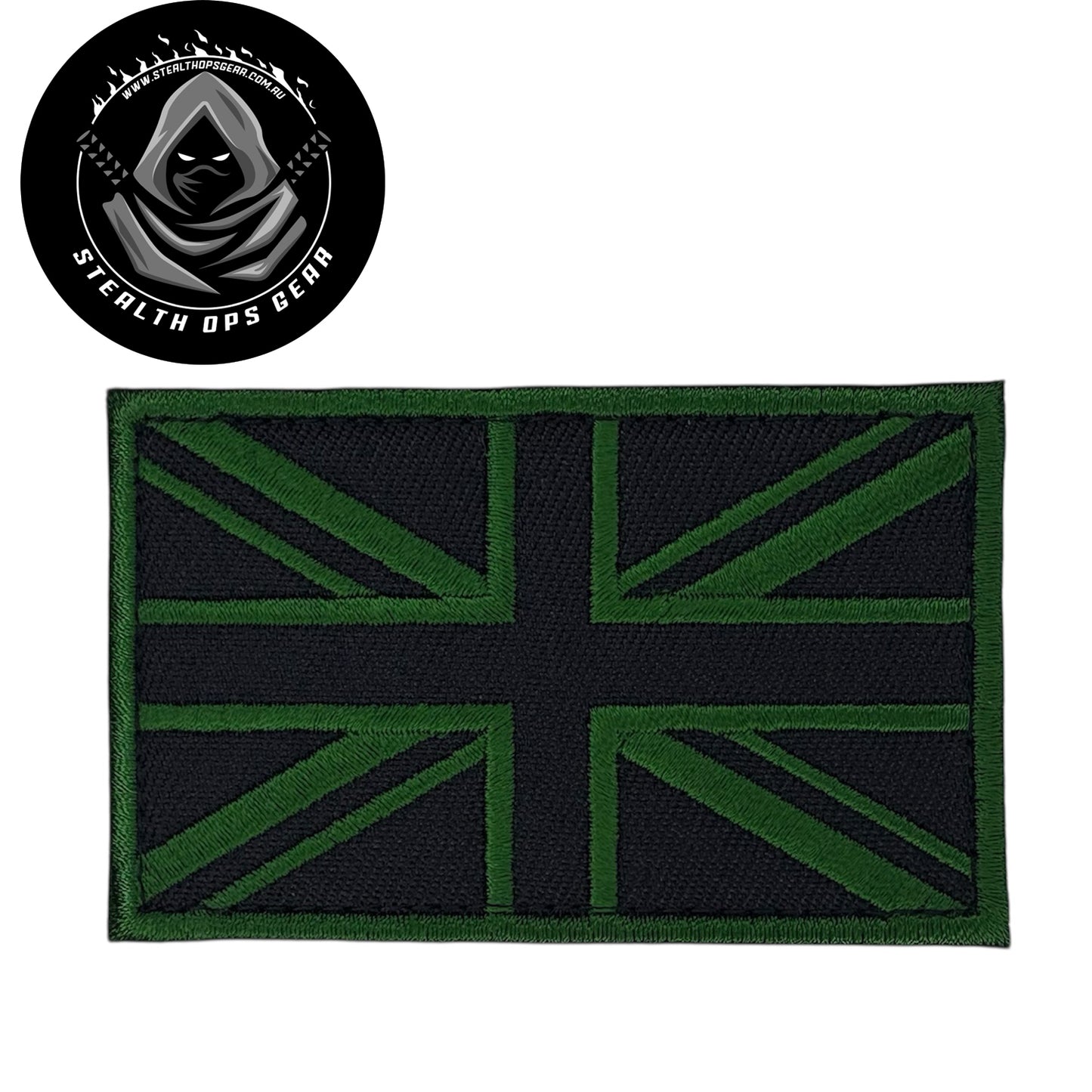 UK Black & Green Thread Embroidery Morale Patch - Stealth Ops Gear, measuring 8x5cm, is a striking and durable addition to personalize your gear with style and toughness. Crafted with high-quality embroidery, this patch features a versatile pattern that blends seamlessly with various tactical and outdoor equipment. www.defenceqstore.com.au