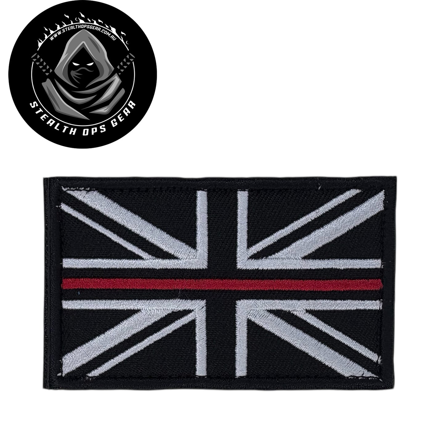 UK Thin Red Line Embroidery Morale Patch - Stealth Ops Gear, measuring 8x5cm, is a striking and durable addition to personalize your gear with style and toughness. Crafted with high-quality embroidery, this patch features a versatile pattern that blends seamlessly with various tactical and outdoor equipment. www.defenceqstore.com.au