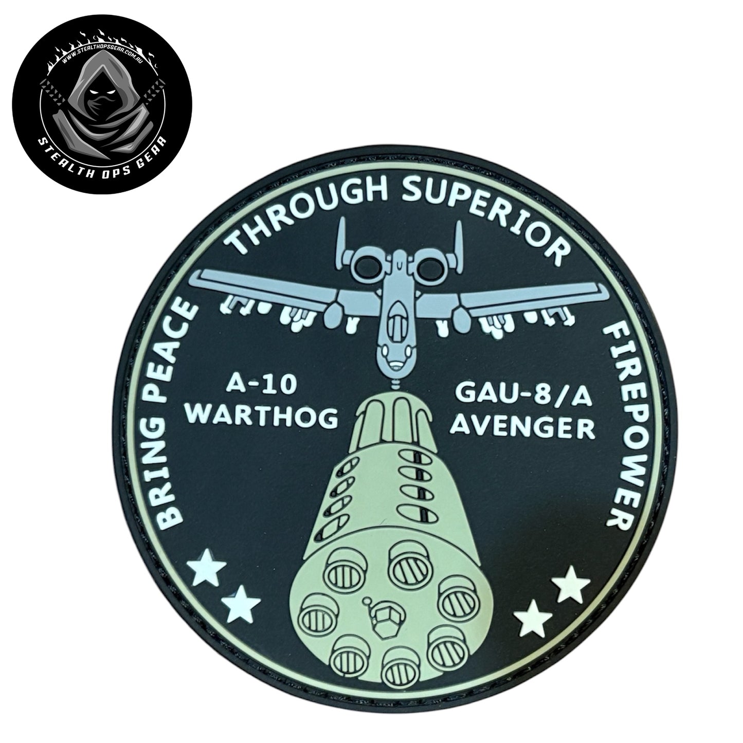 A-10 Warthog Peace Through Firepower PVC Morale Patch - Stealth Ops Gear. This bold PVC morale patch delivers attitude and authenticity to your tactical gear, backpack, or everyday carry. www.defenceqstore.com.au