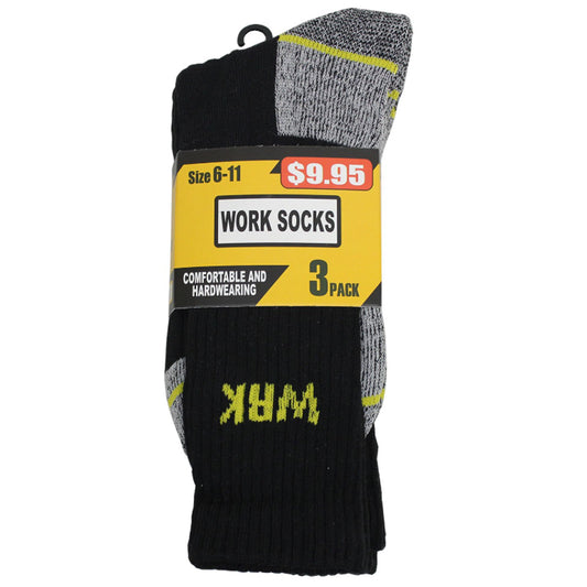 This 3-pack of work socks delivers exceptional comfort and support for work or hiking. Designed with shock-absorbing cushioning and firm support, they feature reinforced heels and toes to withstand tough use. Made from a durable blend of cotton, polyester, and elastane, these socks ensure lasting performance and comfort. www.defenceqstore.com.au