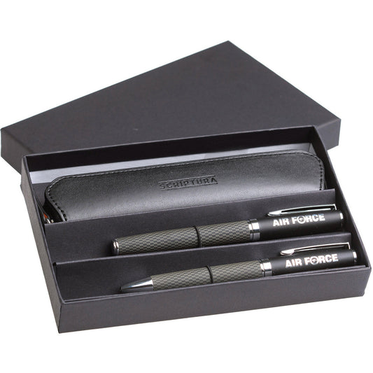 This exclusively designed and Air Force branded pair of metal ballpoint and rollerball pens are finished in printed carbon fibre. Packed in a quality gift box and including a quality protective pouch. Perfect gift for special occasions