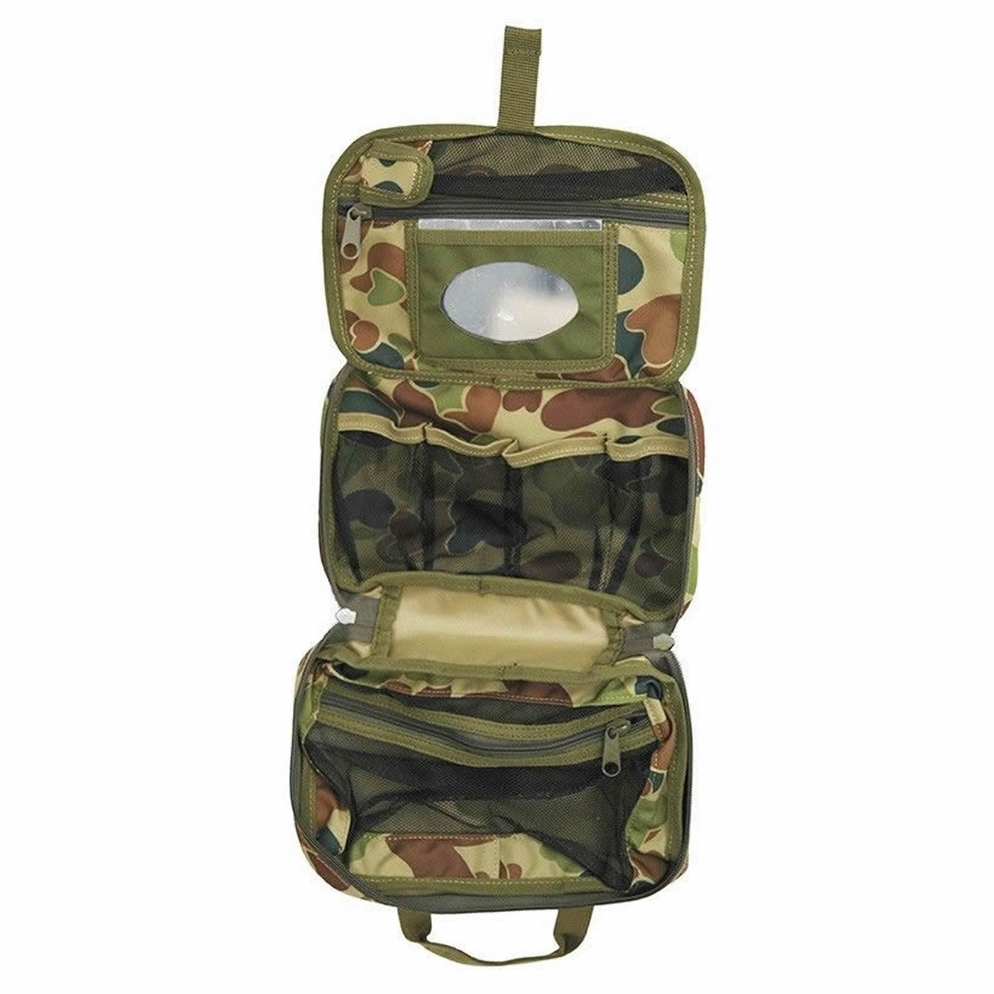 Great for military, cadets, camping and hiking to keep all your personal hygiene requirements together in one pouch It folds up into a small pouch for travel and storage and can be hung vertically on a tree branch or hootchie cord when in the field so this way you can use the mirror when shaving or putting camo paint on.