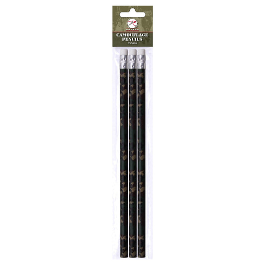 Woodland Camo Pencils are great for school or the office. The pencils feature a 7.25" basswood body and rubber eraser and come 3 to a pack.  3 Pack Of Camo Pencils 7.25" Basswood Body Rubber Eraser