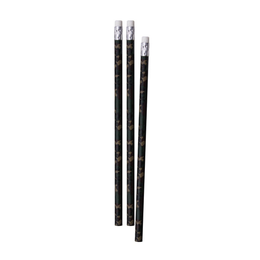 Woodland Camo Pencils are great for school or the office. The pencils feature a 7.25" basswood body and rubber eraser and come 3 to a pack.  3 Pack Of Camo Pencils 7.25" Basswood Body Rubber Eraser