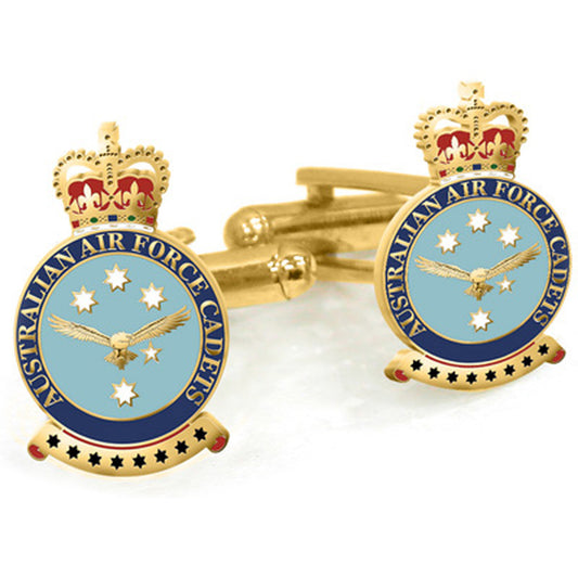 Australian Air Force Cadet (AAFC) 20mm full colour enamel cuff links. These beautiful gold plated cuff links are the perfect accessory for work or functions.