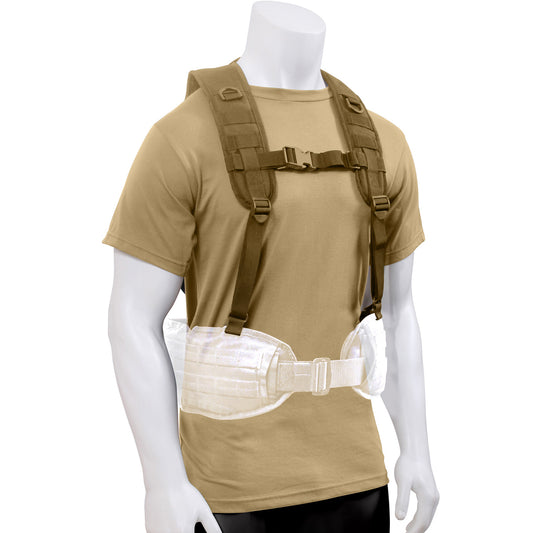 Rothco's Tactical Battle Harness provides you with a superior load bearing solution that will keep your battle belt from slipping down in combat. Tactical Harness Features Four Webbing Straps That Attach To The D-Rings On Your Battle Belt Padded Shoulder Straps And Yoke On The Battle Belt Harness For Comfortable Long-Term Wear Battle Belt Harness Features MOLLE Loops, Elastic Loop, And A D-Ring On Each Shoulder Strap Allow For Additional Attachments www.defenceqstore.com.au