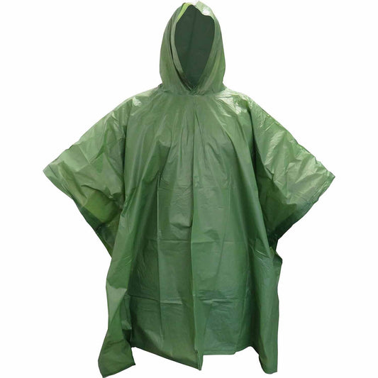 Dark Olive OD vinyl poncho 100% PVC  Waterproof with all weather hood  Lightweight and compact  Snap Closure on sides of poncho  Size: 127 x 203cm