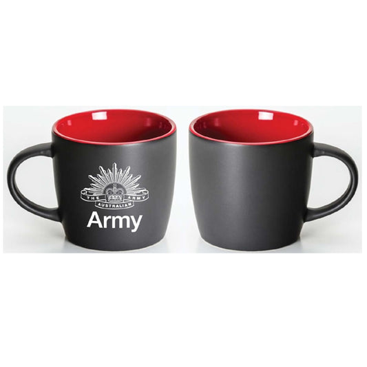 Give your morning brew an extra kick with this matt-finish mug with red glaze inner and Rising Sun badge.