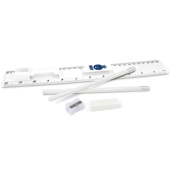Navy branded stationery set which consists of a 30cm ruler, two unsharpened pencils, a pencil sharpener and an eraser in one compact unit. The ruler has both metric and imperial graduations. Fabulous and functional event promotional gift, great for kids