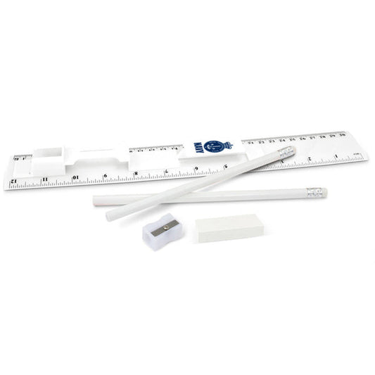 Navy branded stationery set which consists of a 30cm ruler, two unsharpened pencils, a pencil sharpener and an eraser in one compact unit. The ruler has both metric and imperial graduations. Fabulous and functional event promotional gift, great for kids