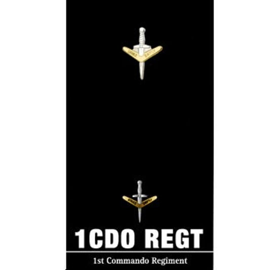The stunning 1st Commando Regiment (1 CDO REGT) 20mm lapel pin. This beautiful pin is perfect for your jacket and a wonderful addition to any collection.  Specifications:  Material: Plated zinc-alloy Colour: Gold, silver Size: 20mm www.defenceqstore.com.au