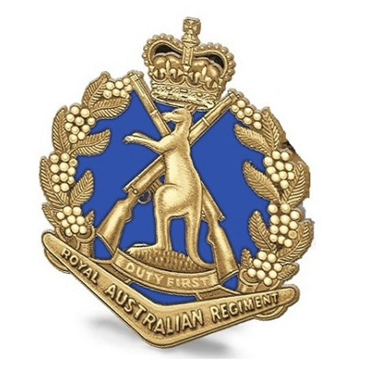 The 1st Battalion Royal Australian Regiment (1RAR) 20mm full-colour enamel lapel pin. This beautiful gold-plated lapel pin will look great on both your jacket and your cap.   Specifications:  Material: Gold-plated zinc alloy, enamel fill Colour: Gold, blue Size: 20mm www.defenceqstore.com.au