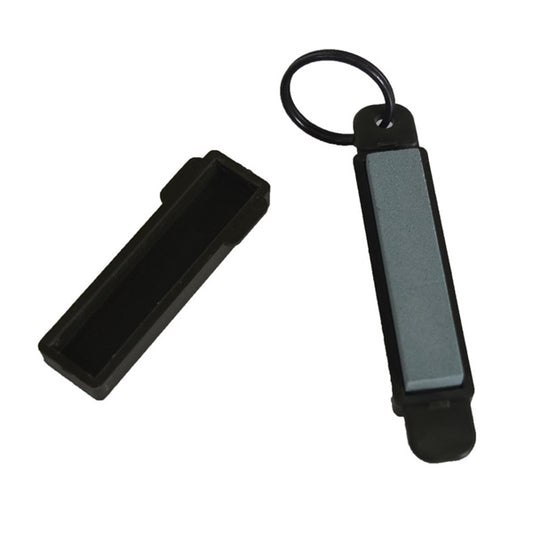 Fine grade stone which sharpens knives & hooks.  Easy to carry with an attached keyring.  Measurements: 7.5×1.5cm