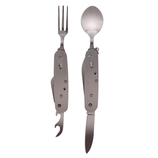 Rothco’s Folding Chow Set is perfect for campers with a pocket-knife style fork, knife, spoon, bottle opener, and can opener in a compact and easy-to-carry package.