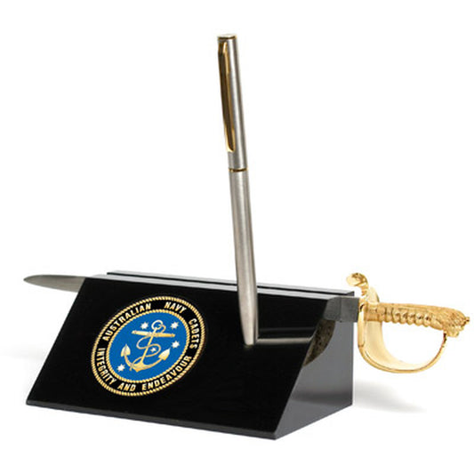 Australian Navy Cadets (ANC) 48mm Medallion in a stylish acrylic desk stand with a quality pen and Navy sword letter opener. Presented in a silver gift box with a clear lid, this is the perfect gift to put on the desk at work.