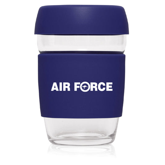 An eco-friendly way to enjoy your favourite brew. 375ml capacity glass cup with silicone lid and grip sleeve with Royal Australian Air Force logo.