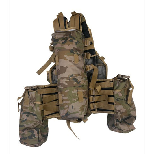 Based on the South African Military Vest  Fully adjustable shoulders  Multiple pockets  Hydration bladder pouch  Multiple ammunition pouches  Heavy duty 900D coats PU fabric  Weight: 1.45kg