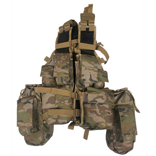 Based on the South African Military Vest  Fully adjustable shoulders  Multiple pockets  Hydration bladder pouch  Multiple ammunition pouches  Heavy duty 900D coats PU fabric  Weight: 1.45kg