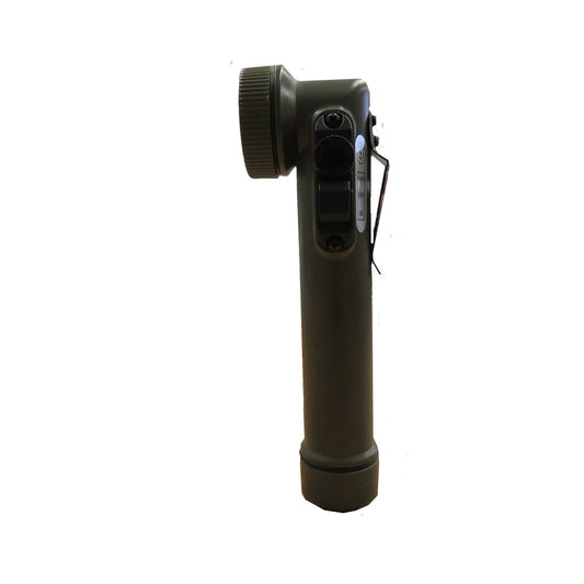 This army style torch is designed for those who serve  The angle torch head eliminates the need for removable lenses and comes with 4 coloured LED bulbs  Simply rotate the head and choose the colour option to complete tasks in low light situations   Light colours are white, red, green and blue