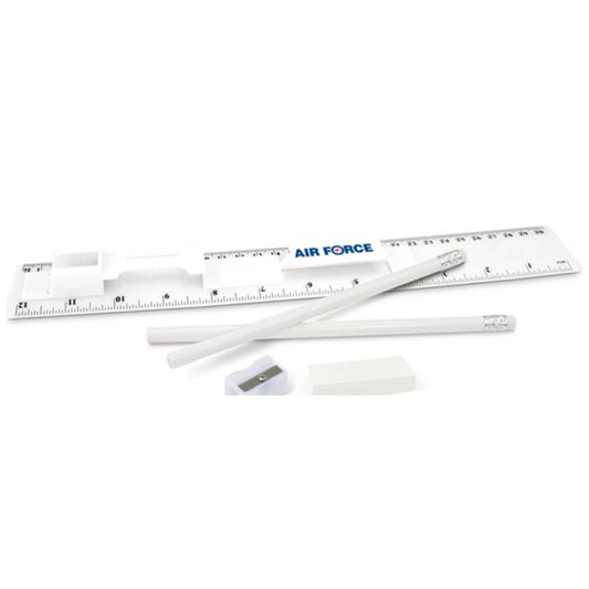 Air Force branded stationery set which consists of a 30cm ruler, two unsharpened pencils, a pencil sharpener and an eraser in one compact unit. The ruler has both metric and imperial graduations. Fabulous and functional event promotional gift, great for kids.