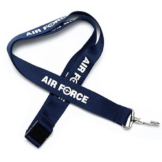 20mm navy Lanyard with swivel clip and safety breakaway printed with Air Force logo in white. www.defenceqstore.com.au