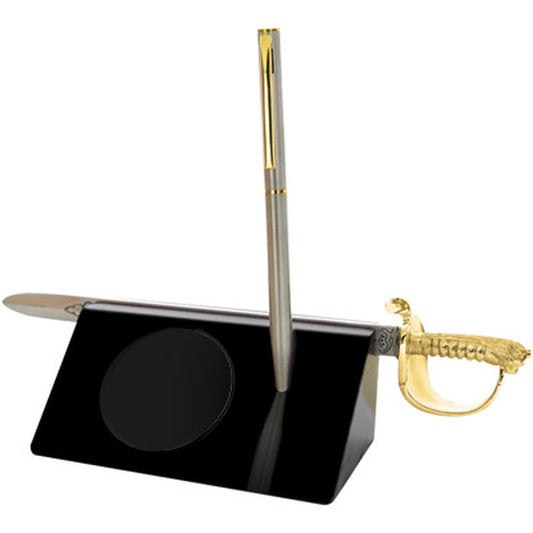 Present your medallion in this stylish desk set, comes with antique silver and gold Navy sword letter opener presented in a black acrylic desk stand with a stylish metal pen. Packaged in a silver and black presentation box with clear acetate lid.