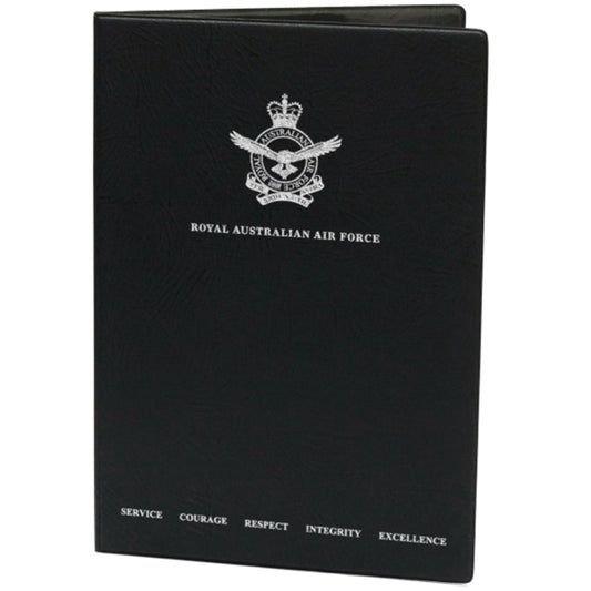 Black heavy grain leather look certificate folder with two plastic pockets on the inside cover. Air Force Badge and 2020 values printed in silver foil.