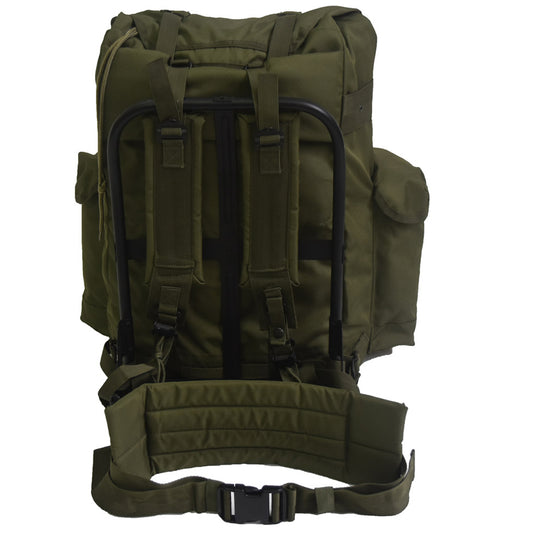 US army ALICE Military design with Metal Frame.  Large Nylon Main compartment with 3 external pockets and webbing for extra attachments