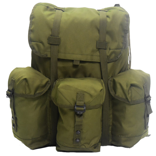 US army ALICE Military design with Metal Frame.  Large Nylon Main compartment with 3 external pockets and webbing for extra attachments