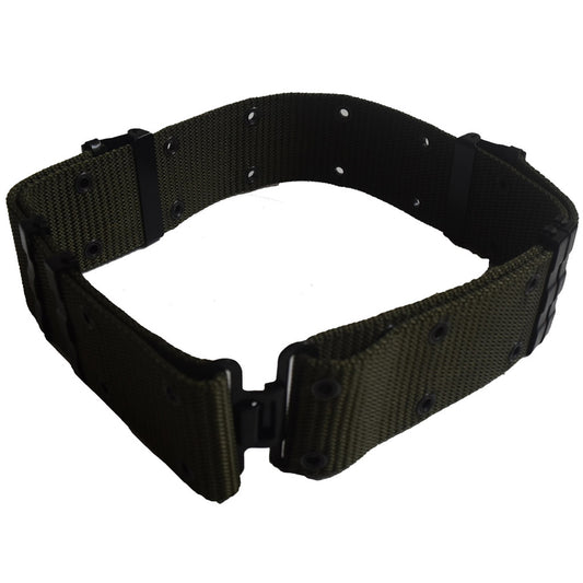 Military design heavy webbing pistol belt with more durable traditional metal buckles.  Both sizes are adjustable for a better fit.  Army Green:  42" - 105 cm  54" - 137cm