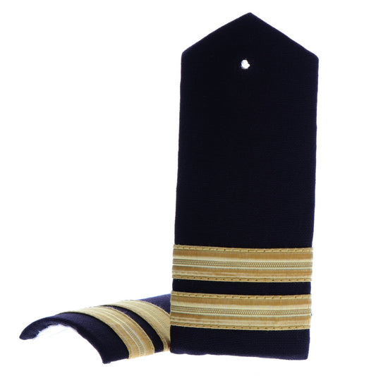 This quality 2 Stripe Hardboard Epaulette with embroidered detailing this set of two is ready for wear.  Specifications:      Material: Hardboard Epaulette, fabric, raised embroidery     Colour: Blue, gold     Size: Standard www.defenceqstore.com.au